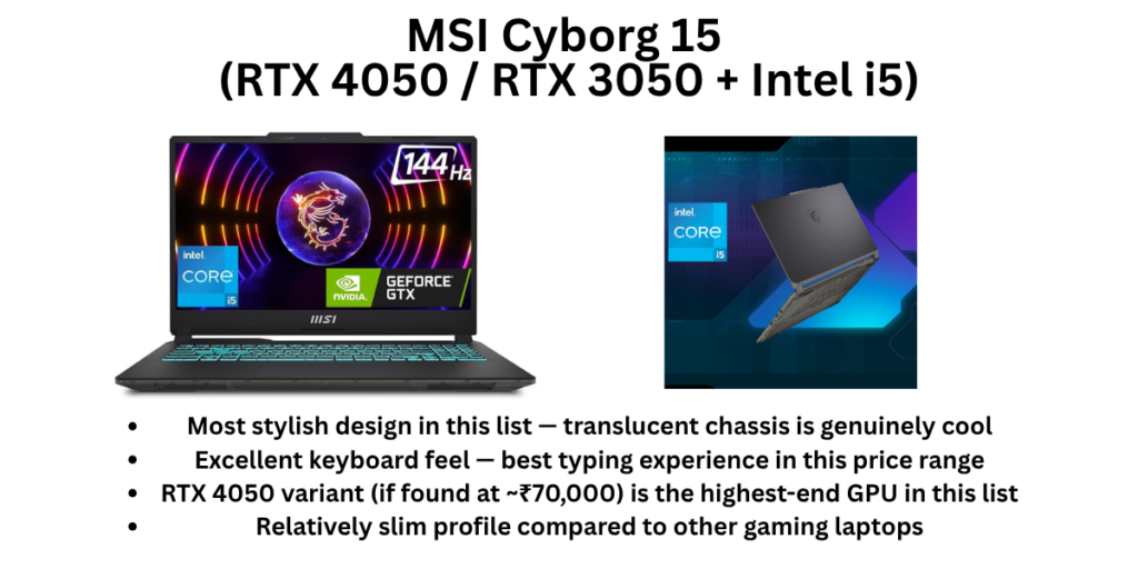 MSI Cyborg 15 (RTX 4050 RTX 3050 + Intel i5) Gaming Laptop in India under 70000